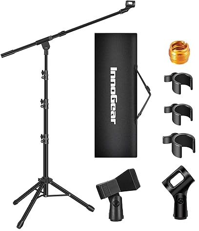 InnoGear Microphone Stand, Tripod Boom Arm Floor Mic Stand Height Adjustable Heavy Duty with Carrying Bag 2 Mic Clips 3/8 to 5/8 Adapter for Singing Podcast for Blue Yeti Shure SM58 SM48 Samson Q2U