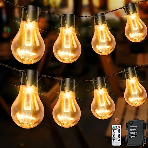 aurogeek Outdoor String Lights Battery Operated: 9m/30ft LED with 12 A60 Plastic Bulb Hanging Festoon Light Remote Waterproof for Garden Decorative Cafe Patio Pergola Indoor
