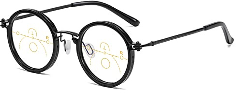 Progressiva multifokala läsglasögon Blått ljusblockerande kvinnor Män Rund metall Antiblått ljushjälp retroglasögon (Color : Multifocal Black, Size : 4.0 x)