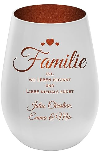 Windlicht mit Gravur Familie - personalisierbar mit Namen - Außen Weiß/Innen Bronze - Höhe 12 cm - Teelichthalter Kerzenhalter Vornamen Familienmitglieder