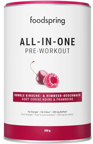 foodspring All-in-One Pre-Workout Booster for Energy & Focus - 200mg Caffeine Per Serving & Sugar Free - with EnXtra, Taurine, Citrulline, B6, B8, Choline & Ashwagandha (350g | Dark Cherry &
