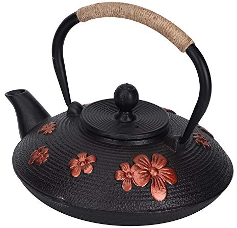 Théière en fonte de style japonais, 0,9 l, motif cerise orientale rouge, théière classique en fonte, bouilloire, outil de boisson