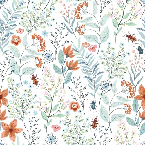 VEELIKE Papel Pintado Flores Blancas Papel Pintado Hojas Azules Papel Adhesivo para Muebles Flores Tropicales Fotomurales Decorativos Pared Dormitorio Armario Papel Pared Floral Salon 44,5cmx300cm