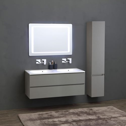 Mobile bagno 120cm 2c grigio perla, colonna, doppio lavabo resina bianco, specchio 100x70 | Valentina