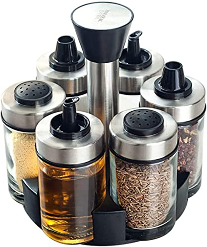 Set di 6 bottiglie per olio e aceto, sale e pepe, girevole a 360 gradi, in vetro e acciaio inox, caraffa decanter per cucina