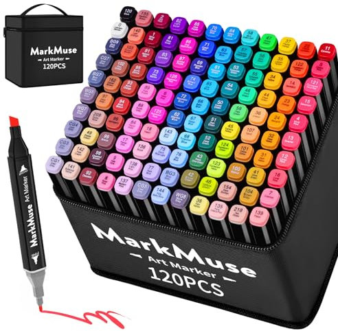 MarkMuse 120 Alkohol Marker Set, Doppelspitze (Meißel & Feinspitze) Blitzschnell Trocknende Alkohol Marker Stifte für Künstler, Designer & Anfänger – Ideal für Manga, Design, Illustration, Architektur
