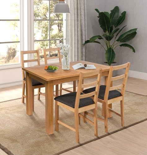 Hallowood Furniture Camberley Oak Extending Dining Table and Chairs Set 4 | Wooden Butterfly Table and Chairs with Ladder Back and Charcoal Fabric Padded Seats, Dining Set For 4 People for Home or Café