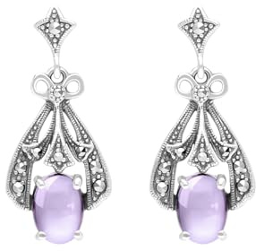 Esse Marcasite Sterling Silver Amethyst and Marcasite Vintage Art Nouveau Drop Earrings