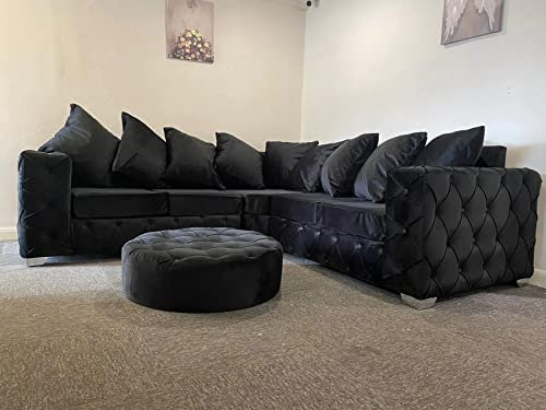 Lyxig modern svart sammet Chesterfield-soffa plysch 1-sits hörnsoffa för vardagsrum snygg stoppad utspridd soffa soffa