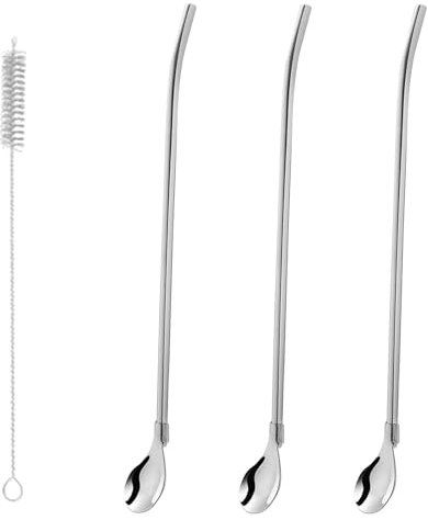 3 Stücks Edelstahl 304 Trinkhalm Trinkhalmlöffel lang Löffelstrohhalme Wiederverwendbare Löffelhalme Metalllöffel mit 1 Stück Strohhalm Reinigungsbürste für Smoothies, Milchshakes, Cocktail, Kaffee