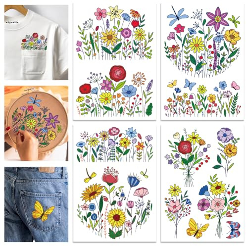 GLOBLELAND 4 Blatt A4 Farbig WildBlumen Stickvlies Wasserlöslich Selbstklebend Schmetterlings Stickmuster Stickaufkleber Stickvorlagen Bedruckbare Stickereipapier für DIY Projekte Stickerei Anfänger