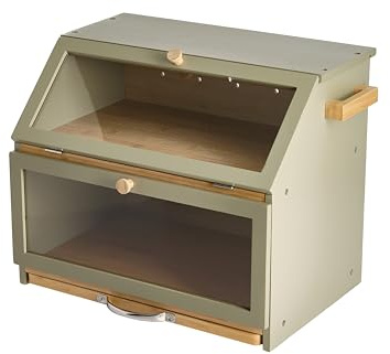 3-in-1 Double Decker Bamboo Bread Bin 2-Tier Bread Box W/ Cutting Board And Knife Holder Naturally Antibacterial Sustainable Eco Friendly Storage Box Organic Premium Kitchen Organiser (Sage/Natural)