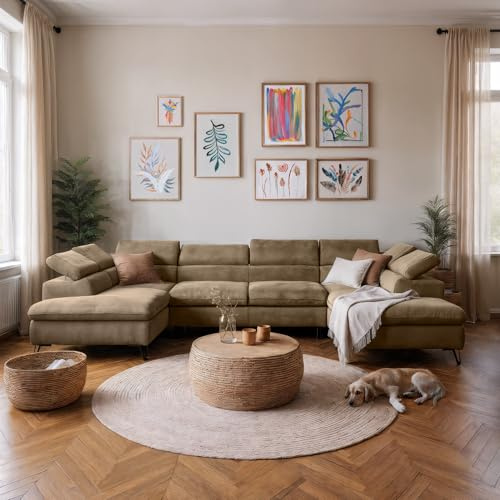SOFILAND Reno U Ecksofa mit Bettkasten & verstellbaren Kopfstützen – Schlafsofa in U-Form (345×202 cm) – Monolith Stoff, Wasserabweisend, Metallfüße. (Beige)