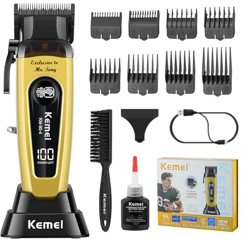 KEMEI 90-4 Elektrischer Haarschneider Herren, Haarschneidemaschine Profi | Bürstenlosem 11500 RPM Motor, DLC-Klinge & 8 Aufsteckkämmen, LED-Display & Ladestation-Perfekt für Anfänger & Profis(Gold)