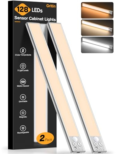 Gritin Lampe de Placard LED, Super Lumineuses Cuisine Reglette Rechargeable 37.5CM, 3 Couleurs&5 Luminosités, 4 Modes, Détecteur de Mouvement, Installation Facile Lampe d'Armoire Magnétique-2 Pack