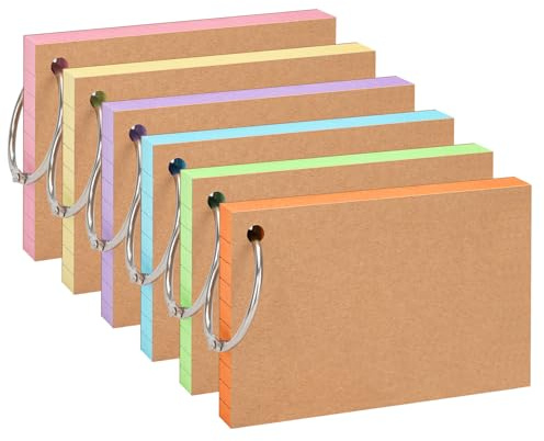 OWLKELA 300Pcs Flash Cards, Index Cards 5 * 3 Inches, 6 Colors, Ruled Revision Cards with Kraft Paper and 6 Binder Rings, Study Cards for Office, School, and Home