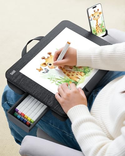 SAIJI Laptop-Schreibtisch, tragbares Laptop-Tablett mit Kissen, Schubladenaufbewahrung, Handyhalter, Tragegriff, Handyhalterung, Computer-Laptop-Ständer für Bett, passend für Laptops bis zu 39,6 cm