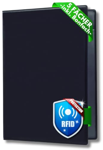 Festland DESIGN® Fahrzeugschein Hülle für KFZ Schein mit RFID-Schutz, 5 Fächer PVC Schutzhülle für Zulassungsschein, Führerschein Hülle, Fahrzeugschein Mappe, Ausweishülle, Kartenetui Schwarz