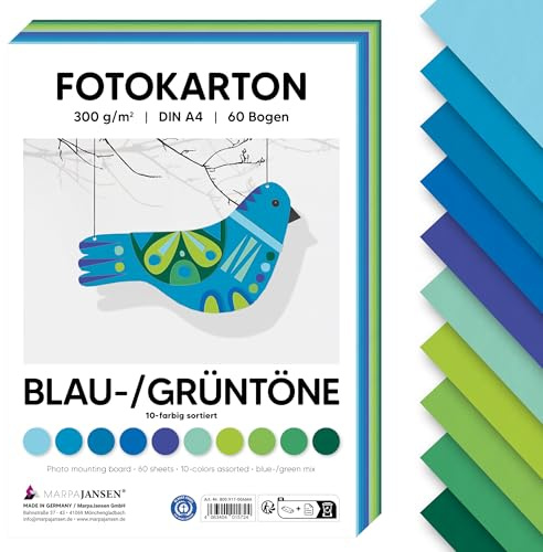 MarpaJansen Fotokarton Blau/Grün DIN A4 zum Basteln & Gestalten | 60 Bogen in 10 Farben, 300 g/qm² stabile Pappe | Blauer Engel zertifiziert, ideal für Karten & DIY Projekte