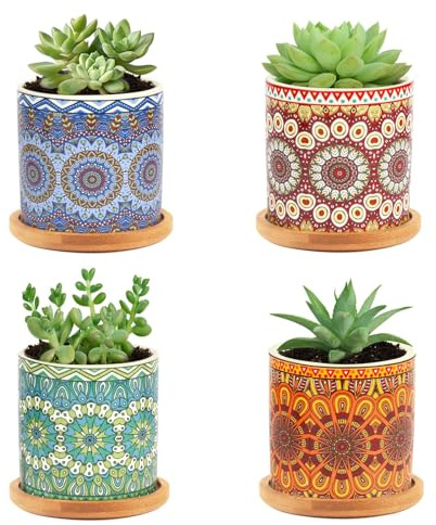 Nasxkji Mandala Ceramic Plant Pots with Bamboo Tray – 7.3cm Small Succulent Pots Indoor Colourful Cactus Planters Mini Flower Pots for Desk Home Decoration (4 Pcs)