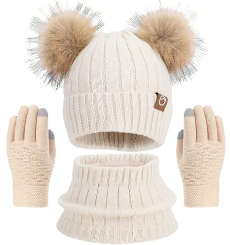 3 PCS Kids Winter Warm Beanie Hat Scarf Gloves Set, Thermal Knit Crochet Thick Fluffy Toddler Scarf, Double Pom Bobble Hat with Faux Fur for Girls Boys Children Toddler Aged 3-8 years old - Off-white