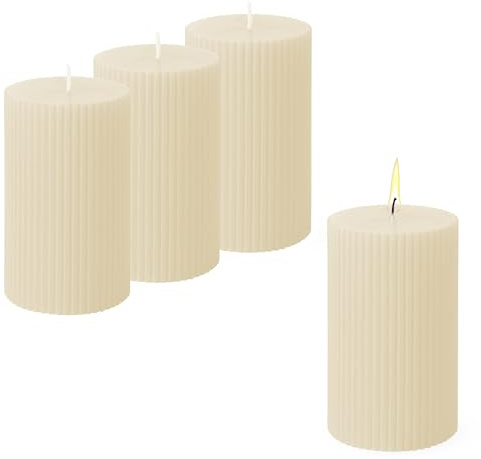 Echtwachs Stumpenkerze 10 x 6 cm geriffelt 4er Set - creme weiß | Adventskerze, unparfümiert, ca. 27 Stunden Brenndauer, Blockkerze/Zylinderkerze/Säulenkerze