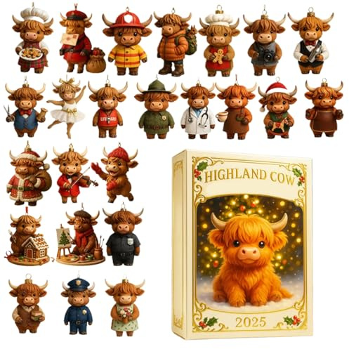 Yjkedfh 2025 Calendrier De L'Avent De Noël Highland Cow | Décoration Charme Acrylique 2D - Calendrier De Compte À Rebours 24 Jours Highland Cow | pour Arbre de Noël et