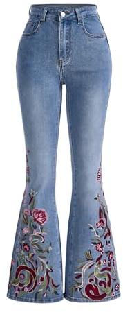 SOLY HUX Women's Floral Embroidery Bell Bottom Jeans Y2k Casual Denim Flare Pants Light Blue Large