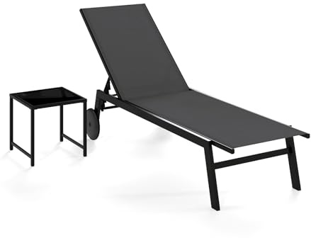 FANTASK Sonnenliege mit Rollen & Beistelltisch, Rollliege mit 6-Fach Verstellbarer Rückenlehne, Gartenliege aus schnelltrocknendem Stoff, Liegestuhl bis 150kg, Outdoorliege für Terrasse (Grau)
