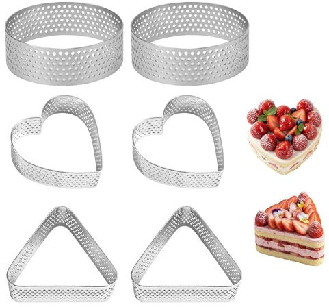 JYXNU 6 Piezas Aros Emplatar y Moldes Perforados Tartaletas de Acero Inoxidable 430 Aro para Tarta y Repostería Profesional para Postres Mini Tartas Forma Redondo Triángulo Corazón Plata