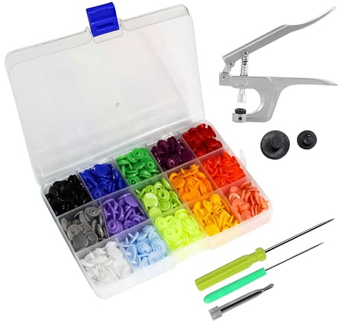 Trimming Shop 150 Sets Plastic Snaps Set with Snap Press Pliers, T5 No-Sew KAM Snap Starter Kit 15 Colours Poppers DIY Studs with Clear Storage Box for Woollen Clothing Kid Wear Fabrics Nappies Bibs