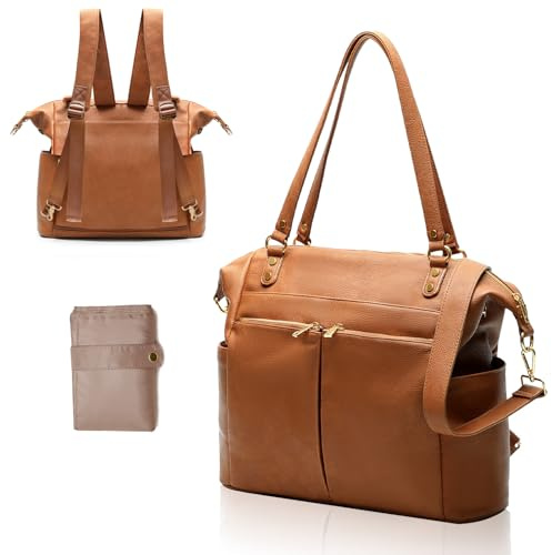 MOMINSIDE Diaper Bag Tote, 4 in 1 Leather Diaper Bag Backpack with 13 Pockets, Convertible Baby Bag for mom,Hospital bag Pañaleras Para Bebe, Changing Pad, 4 Large Insulated Pockets(Brown)