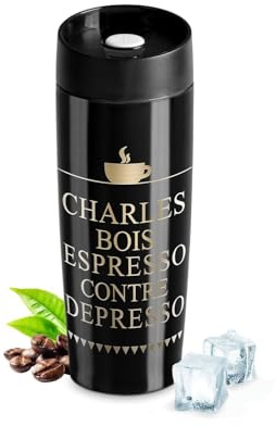 Maverton Mug personnalisé Noir 350 ml, Mug istoherme pour elle et lui | Fermeture à Pression, En acier inoxydable, Cadeau d’anniversaire pour chaque homme, Depresso