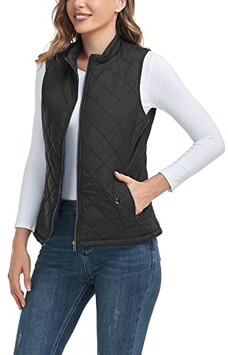 LONGKING Damen-Oberbekleidung Weste mit einer Innentasche, Stehkragen, leichte Steppweste mit Reißverschluss, Schwarz, S