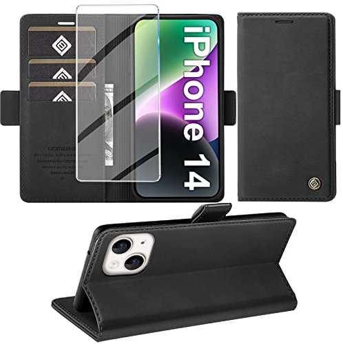 Giyer Handyhülle für iPhone 14 13 Hülle mit Schutzfolie, Standfunktion Kartenfach Wallet Premium Leder Schutzhülle für iPhone 14/13 5G 6.1 Zoll Flip Case Cover Stoßfeste Klapphülle (Schwarz)