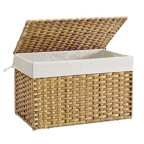 SONGMICS Laundry Basket, 105L Synthetic Rattan Storage Basket with Lid and Handles, Wicker, Foldable, Removable Liners, for Blankets, Clothes, Living Room, Bedroom, Laundry Room, Natural RST066N01