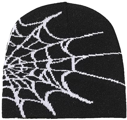 Y2K Beanie Spider Beanies Gothic Muster Wolle Acryl Strickmütze Beanies mit Designs für Herren Schwarz Frauen Web Winter Outdoor Cap, Schwarz und Weiß, M/Einheitsgröße