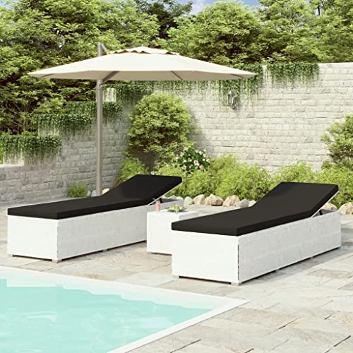 FIRBNUS 3-TLG. Garten-Sonnenliegen mit Teetisch PolyRattan Weiß Gartenlounge Sonnenliege Garten Sonnenliege Balkon Gartenstuhl mit Tisch Sonnenliege Rattan Gartenliege Rattan Verstellbar
