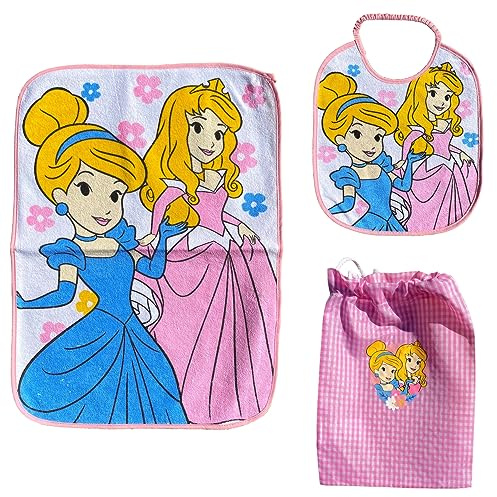 CARTOON Set asilo 3 pezzi Principesse, Disney, bavaglino e tovaglietta con retro plastificato, sacca, completo per il pranzo
