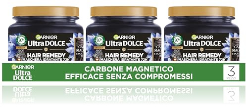 Garnier Ultra Süße magnetische Kohle, Multipack x 3 feuchtigkeitsspendende Maske, 94% natürlicher Ursprung, 1 Minute Einwirkung, für trockene Längen, ohne Silikon, 340 ml