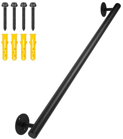 Purife Black Metal Grab Bars - 35 Inch Wall Mounted Safety Staircase Handrail - Indoor/Outdoor Stair Railing - Iron, Powder Coated, Black