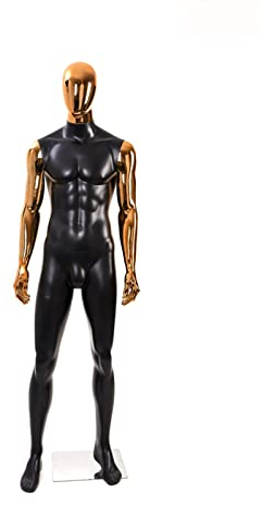 Männliche Schaufensterpuppe mit vergoldeten Händen und Ganzkörper-Schaufensterpuppen aus Fiberglas in Schwarz, Abnehmbarer Dummy-Modell-Ausstellungsständer für Bekleidung