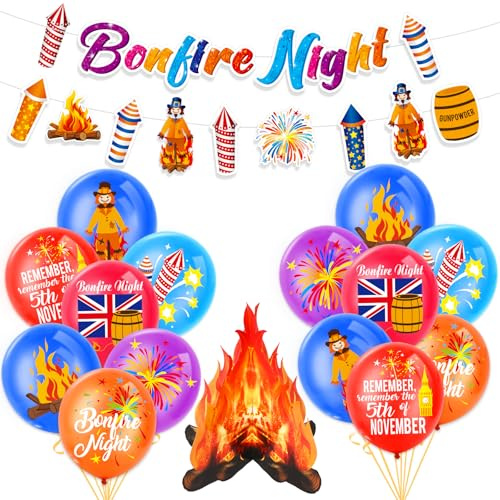 HOWAF Bonfire Night Decorations - Guy Fawkes Banner, Fireworks Balloons, Fake Flame Fire for Guy Fawkes Party Supplies