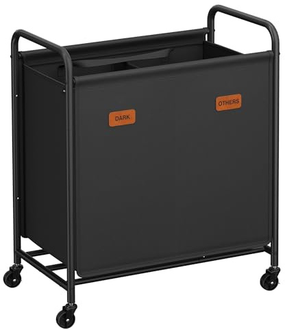 SONGMICS URLS210B01 Panier à linge portable avec roulettes, trieur à linge à 2 sections, capacité de 100 L, chariot à linge portable avec 5 étiquettes, pour buanderie, chambre à coucher, salle de