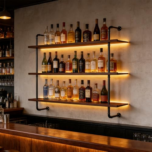 HUDABAIDI 47.2in Large Wine Rack Wall Mounted, 3-Tier Floating Liquor Bottles Shelving with Light Wooden Storage Organizer Display for Kitchen, Bar, Dining Room, Cafe