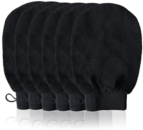 URAQT Exfolierande handske, kit med 6 exfolierande handskar, skrubbhandskar för män och kvinnor, naturlig och effektiv skrubb, för dusch, kropp (svart)