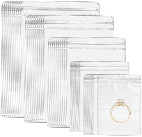50 Pcs Anti Tarnish Jewelry Bags, Clear Plastic Jewelry Storage Bags, Zipper Small Sealed Bag for Rings, Earrings, Bracelets, and Small Jewelrys Packaging, 5 Sizes