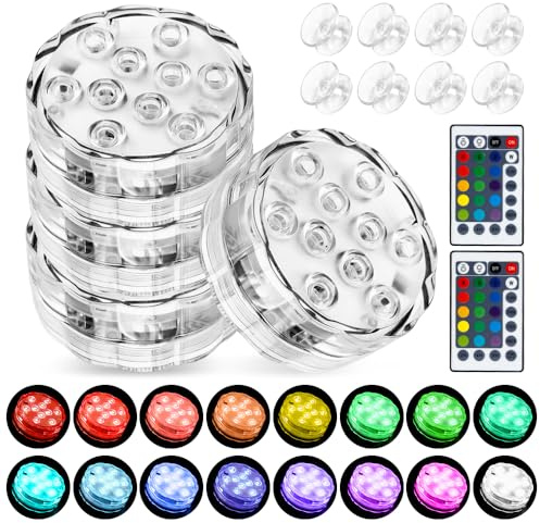 mizikuu Lot de 4 lampes subaquatiques avec télécommande, 16 couleurs RVB IP68 10 LED lampes de piscine étanches fixation magnétique/ventouse pour jardin aquarium vase baignoire mariage spa