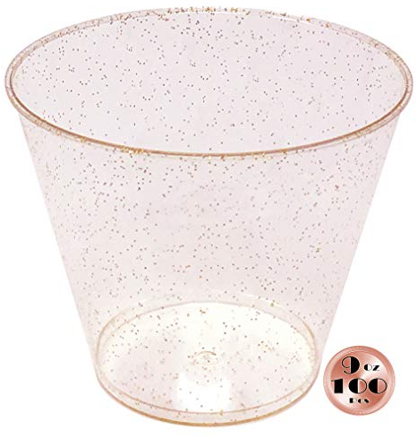 JL Prime 100 Bicchieri di Plastica con Glitter Oro Rosa, Bicchieri di Plastica Trasparente Usa e Getta Riutilizzabili da 9 Oz, Bicchieri Vecchio Stile, Bicchieri di Plastica Dura per Feste e Matrimoni