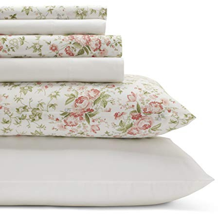 Laura Ashley - Queen Sheets, Cotton Percale 6-Piece Bedding Set, Crisp & Cool Home Decor (Marissa Coral, Queen)
